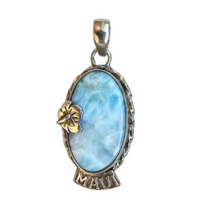 Larimar & Sterling Silver “Maui” Pendant – Tropical Hibiscus Detail